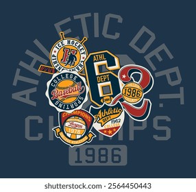 College athletic department patches patchwork vintage vector artwork for boy kid children sport wear shirt sweatshirt bomber jacket print embroidery