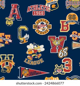 College athletic department sporting badges patchwork vintage vector seamless pattern for children kid wear fabric t shirt sweatshirt pajamas