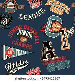 College athletic department sporting badges patchwork vintage vector seamless pattern for children kid wear fabric t shirt sweatshirt pajamas