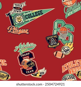 College athletic department sporting badges patchwork vintage vector seamless pattern for children kid wear fabric t shirt sweatshirt pajamas