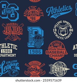 College athletic department sporting badges patchwork cute vector seamless pattern for children kid wear fabric t shirt sweatshirt pajamas