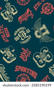 College athletic department sporting badges patchwork vintage vector seamless pattern for boy kid sport wear fabric t shirt sweatshirt pajamas