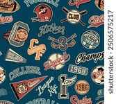 College athletic department sporting elements patchwork vintage vector seamless pattern for children kid wear fabric t shirt sweatshirt pajamas