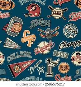 College athletic department sporting elements patchwork vintage vector seamless pattern for children kid wear fabric t shirt sweatshirt pajamas