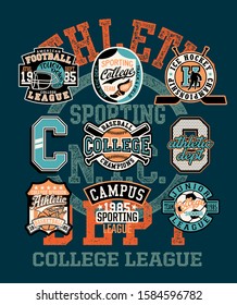 College athletic department sporting team badges collection vintage vector print for children wear with applique patches