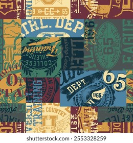 Departamento atlético universitário esportivo vintage gráficos patchwork grunge vetor sem emenda padrão para menino garoto homem vestir tecido t camisa moletom 