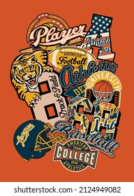 College athletic department sticker patchwork vintage vector artwork for boy shirt sport patches mix collection