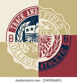 College athletic department track and field badge patchwork vintage athletic vector boy t shirt grunge effect in separate layer