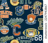 College athletic elements badges patchwork vintage vector seamless pattern for sport wear