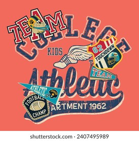 College athletic kids American football team cute vector print for children wear with embroidery patches grunge effect in separate layer