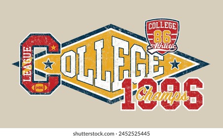 College athletic league champion football team vintage vector print for kid boy t shirt with embroidery patches grunge effect in separate layer