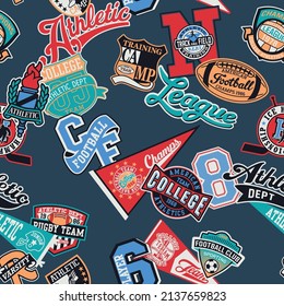 College Athletic Sporting Badges Collage Patchwork Vector Seamless Pattern