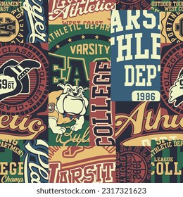 Athletic-Sportabzeichen des College-Teams sammeln Patchwork Vintage Vintage Vintage nahtlose Muster für Kindersportbekleidung