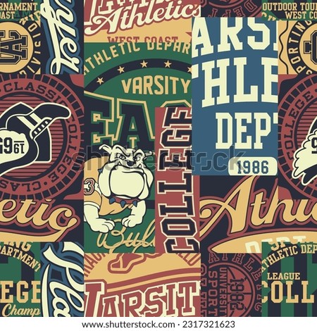 College athletic sporting badges collage patchwork vintage vector seamless pattern for kid boy sport wear