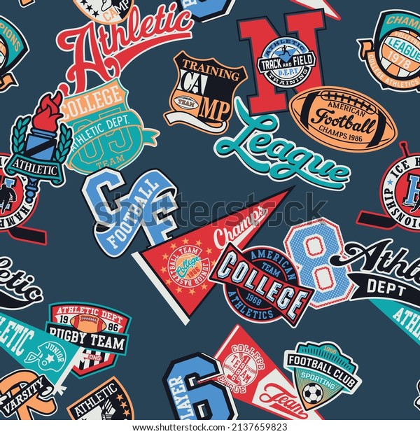 College athletic sporting badges collage\
patchwork vector seamless\
pattern