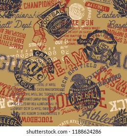 College Athletics Badges Grunge Patchwork Vector Seamless Pattern