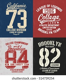 College athletics typography set for t-shirt graphics. Vectors