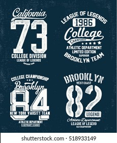 College athletics typography set for t-shirt graphics. Vectors