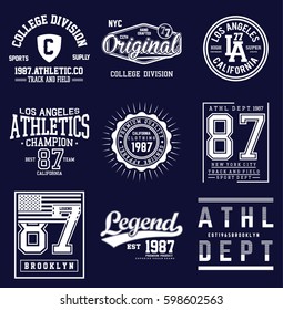 College athletics typography set for t-shirt graphics. Vectors