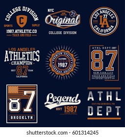 College Athletics Typography Set For T-shirt Graphics. Vectors