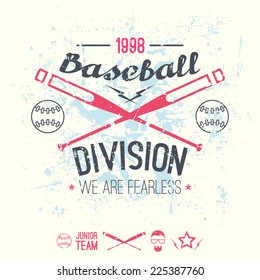 College baseball division emblem. Graphic design for t-shirt.  Color print on a  white background