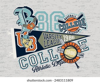 Estampado de Vector lindo del departamento atlético de la liga de los niños del béisbol universitario para los niños deportivos usan la camiseta sudadera pijamas 