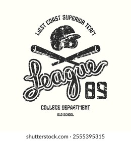 College baseball league emblem. Graphic design with rough texture for t-shirt. Black print on white background