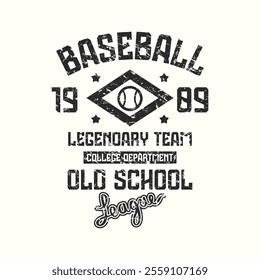 College baseball legendary team emblem. Graphic design with rough texture for t-shirt. Black print on white background