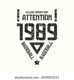 College baseball team emblem. Graphic design with rough texture for t-shirt. Black print on white background