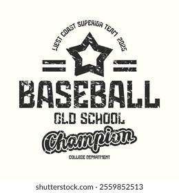 College baseball team emblem.  Graphic design with rough texture for t-shirt. Black print on white background