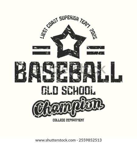 College baseball team emblem.  Graphic design with rough texture for t-shirt. Black print on white background