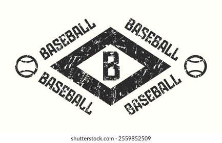 College baseball team emblem. Rhombus graphic design with rough texture for t-shirt. Black print on white background