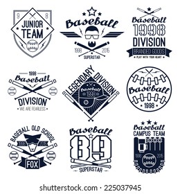 College baseball team emblems. Graphic design for t-shirt.  Black  print on a  white background