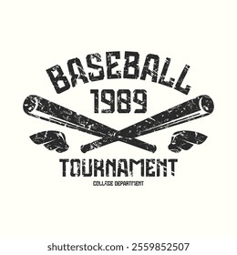 College baseball tournament emblem.  Graphic design with rough texture for t-shirt. Black print on white background