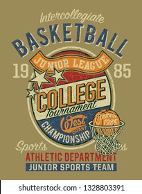 College basketball championship junior league  vintage vector print for boy t shirt grunge effect in separate layers