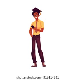 College, black university student in glasses and graduation cap holding phone, cartoon style illustration isolated. Male african student in graduation cap, shirt and jeands playing with phone