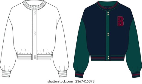 College bomber jacket vector illustration drawing Zip-up Bomber Jacket. Jacket technical fashion illustration. 