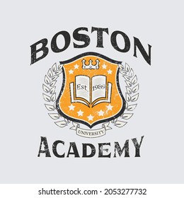 College Boston academy varsity slogan typography for t-shirt. Varsity slogan tee shirt, sport apparel print. Vintage graphics. Vector illustration.