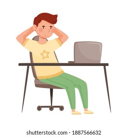 College Boy Student Sitting at Desk in Front of Laptop During Online Lesson Vector Illustration