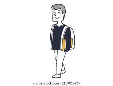 Muchacho universitario caminando con un libro Persona manuscrita cómica Vector, dibujo de línea cálida