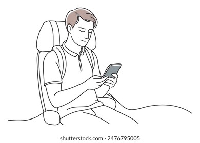 College boy watching smartphone videos on the train commuting to school, doodle continuous line art vector illustration