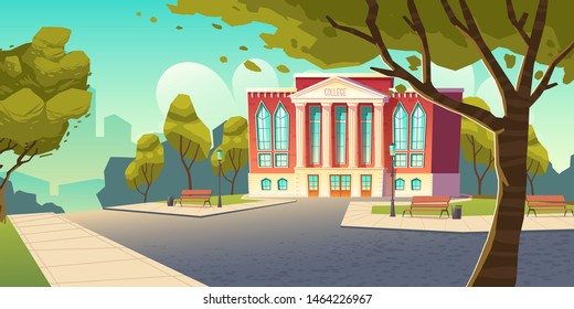 College building, educational institution, school empty front yard with green trees, grass lawns, benches and road, summer landscape, city architecture, place for studying. Cartoon vector illustration