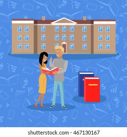 College building isolated on white in flat style. Modern building for college students. Middle educational level. Boy and girl standing near by. Part of series of lifelong learning. Vector