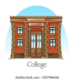 College building or university campus, higher or secondary, postgraduate education construction made of bricks. Facade of academy or front of structure. Exterior view. Architecture theme