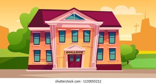 College building vector illustration for education design. Cartoon facade of modern or retro school entrance with outdoor courtyard for back to college concept