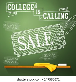 College is calling sale on the chalkboard with different sale percents. Vector