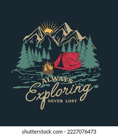 college. camping tent. vintage tee print design. camping and outdoor adventure vintage emblems.