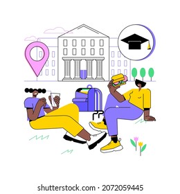 College Campus Abstract Concept Vector Illustration. College Campus Tours, University Events, Institutional Buildings, Students Group, Homework On Grass, Break After Classes Abstract Metaphor.