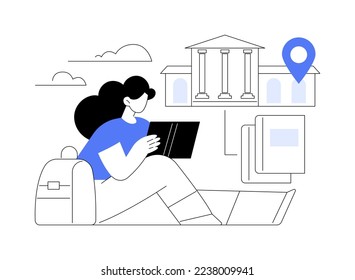 College campus abstract concept vector illustration. College campus tours, university events, institutional buildings, students group, homework on grass, break after classes abstract metaphor.