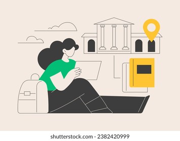 College campus abstract concept vector illustration. College campus tours, university events, institutional buildings, students group, homework on grass, break after classes abstract metaphor.